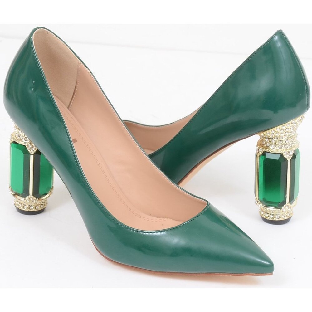FBJ Size 12‎ Green Crystal Rhinestones Chunky Heels Women Pointed Toe Pumps